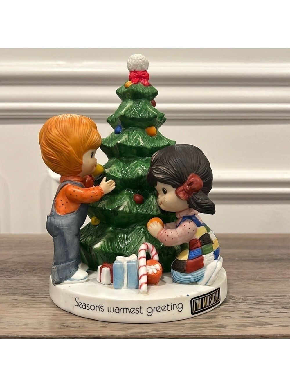 Flambro Gentle Treasures Music Box 7" Porcelain Season's Warmest Greeting 1978
